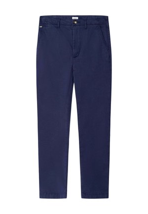 Donkerblauwe rechte broek met voorknop, rits, ceintuurlussen en zijzakken, getoond op een witte achtergrond.