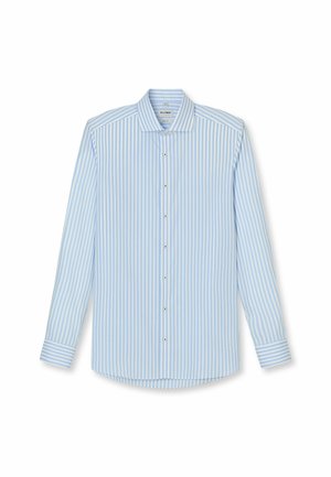 Lichtblauw gestreept shirt van geweven stof. Kenmerkt zich door een knoopsluiting aan de voorkant, een klassieke kraag en lange mouwen met manchetdetail.