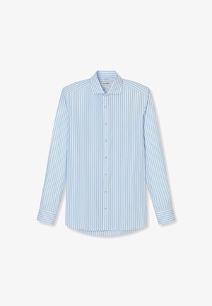 Lichtblauw gestreept shirt van geweven stof. Kenmerkt zich door een knoopsluiting aan de voorkant, een klassieke kraag en lange mouwen met manchetdetail.