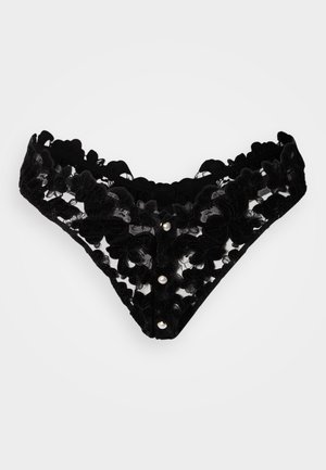 Black lace bikini with floral patterns and scalloped edges. Features three decorative buttons at the front. Soft texture and sheer design.