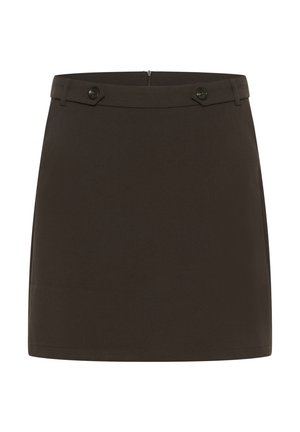 Brown mini skirt made of smooth fabric. Features a fitted waist with two buttons at the front. Simple design, no patterns or additional accents.