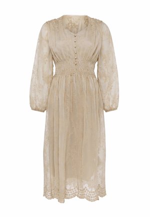 Beige midikjole med gennemsigtige lange ærmer, perleknapper foran, taljen samlet og delikat blomsterblonde mønster.