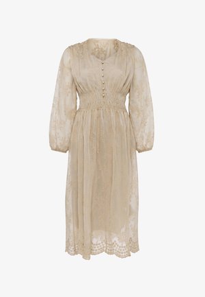 Beige midikjole med gennemsigtige lange ærmer, perleknapper foran, taljen samlet og delikat blomsterblonde mønster.
