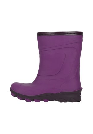 Purple waterproof rubber boot with black sole and trim, featuring textured tread and molded side details, shown from the side on white background.