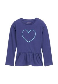 Dugi rukavi ljubičasta majica s peplum rubom i grafikom svijetloplankog srca otisnutom na prednjoj strani. Izrađena od mekog, rastezljivog materijala.