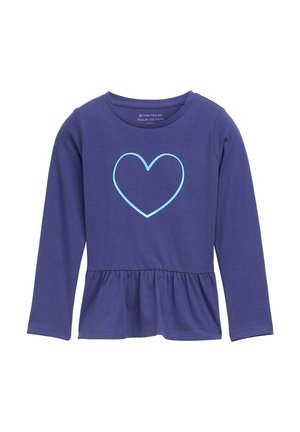 Langärmliges lila T-Shirt mit peplum Saum und einem hellblauen Herzgrafik, die auf der Vorderseite gedruckt ist. Hergestellt aus weichem, dehnbarem Stoff.