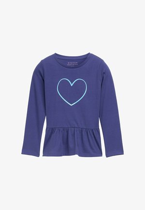 Dlhý rukáv fialového trička s peplum spodným okrajom a na prednej strane vytlačeným svetlomodrým srdcovým grafickým vzorom. Vyrobené z mäkkého, elastického materiálu.