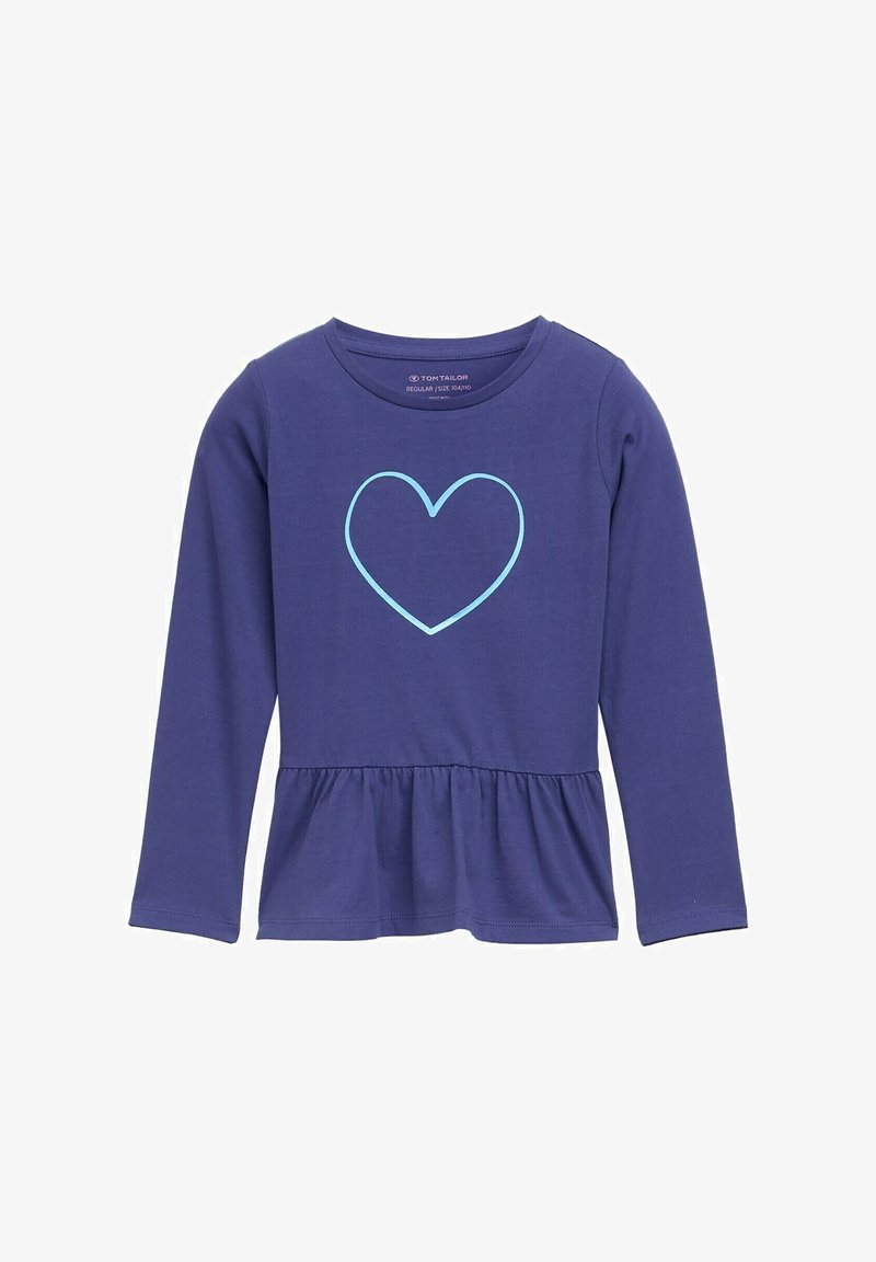 Pitkähihaisessa purppuranvärisessä T-paidassa on peplum-helma ja edessä vaaleansininen sydänkuvio. Materiaali on pehmeää ja joustavaa.