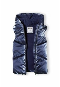 Jūras spēku pufīgs veste ar spīdīgu ārpusi, iekšpuses odere no mīksta jūras spēku flīsa. Iespējas ietver kapuci, rāvējslēdzēja aizdari un izšūtu dizainu. Zīmola etiķete redzama.