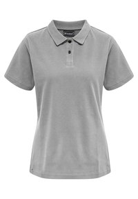 Szara koszulka polo wykonana z miękkiego materiału, z klasycznym kołnierzykiem i listwą z trzema guzikami. Krótkie rękawy i prosty dół. Bez wzorów.