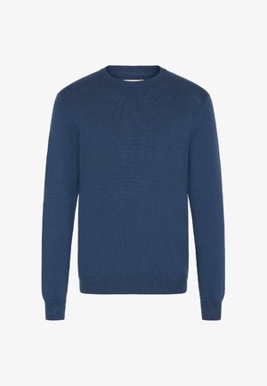 Blauer Strickpullover mit langen Ärmeln, rundem Ausschnitt, gerippten Bündchen und Saum, der eine glatte Textur und ein gleichmäßiges, konsistentes Muster aufweist.