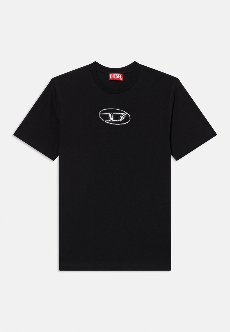 T-shirt en coton noir avec un col rond et des manches courtes. Présente un logo brodé argenté en forme ovale sur la poitrine.