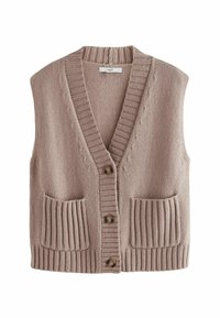 Beżowa dzianinowa kamizelka z dekoltem w serek, prążkowanym wykończeniem, dwoma przednimi kieszeniami i zapięciem na trzy guziki. Teksturowane detale na całym korpusie.