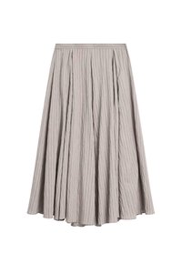 Light gray midi skirt made of textured fabric with vertical pleats, featuring a fitted waistband and a flowing, A-line shape.
