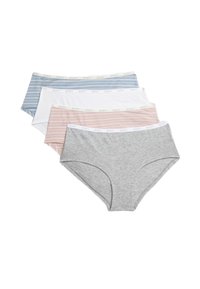 Fyra par damunderkläder i blå randig, vit, rosa randig och grå. Varje par har en mjuk midjeband med "BODY" tryckt.