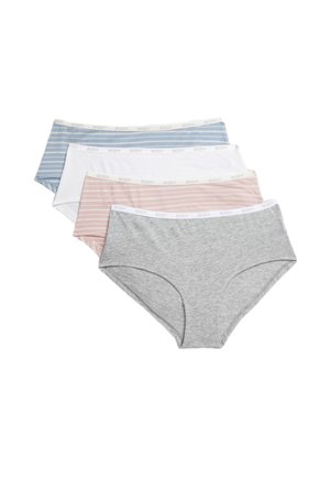 Quattro paia di biancheria intima femminile in strisce blu, bianco, strisce rosa e grigio. Ognuno presenta un morbido elastico con la scritta "BODY" stampata.