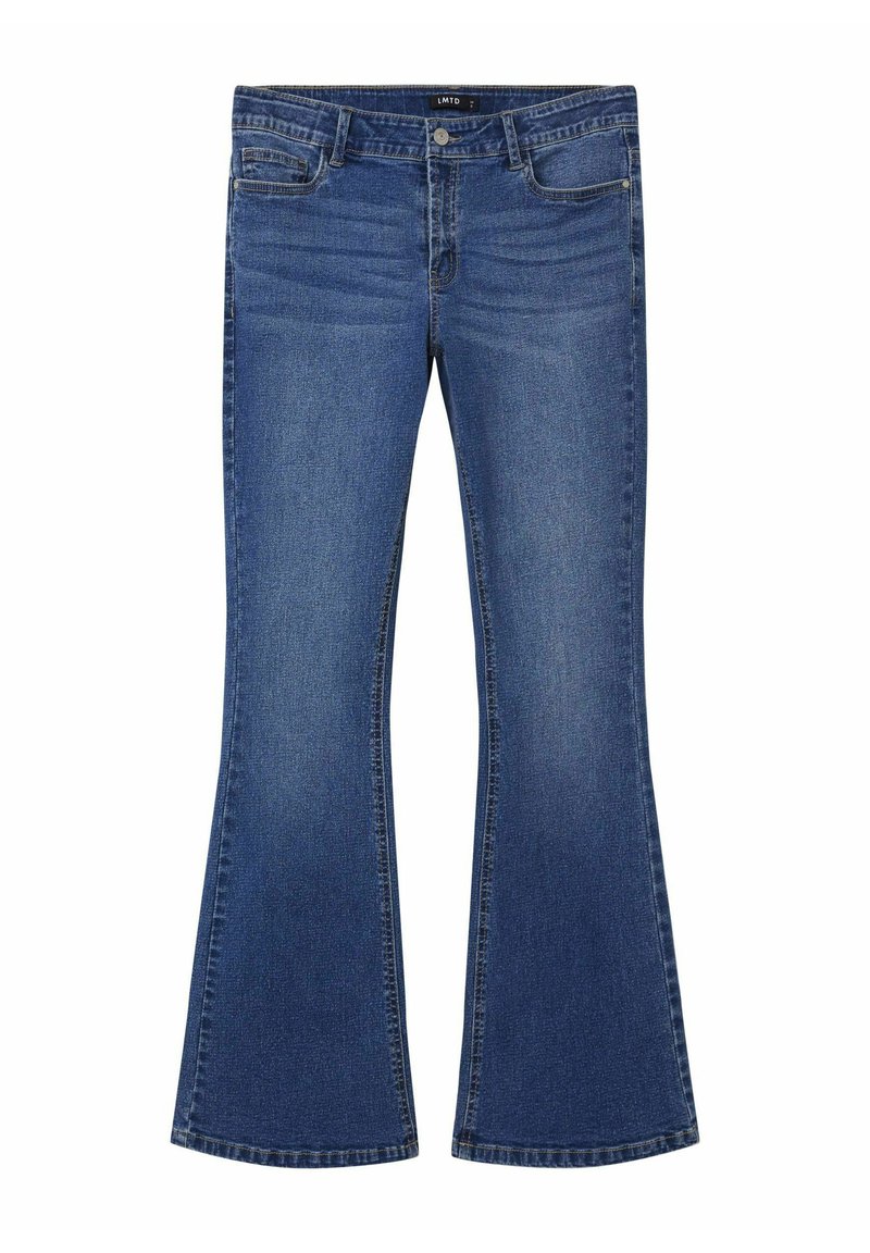 Jeans en denim bleu évasés avec un design classique à cinq poches, dotés d'une fermeture à bouton et de légères usures à l'avant.