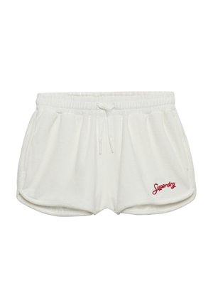 Witte fleece shorts met elastische tailleband, trekkoord, zijzakken en een rood "Superdry" logo op de zoom van het linkerbeen.