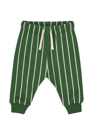 Grün gestreifte Hose aus weichem Material. Verfügt über einen elastischen Bund mit Kordelzug und schmal zulaufenden Säumen. Vertikale, cremefarbene Streifen.
