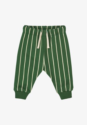 Pantalon rayé vert en matière douce. Dispose d'une taille élastique avec cordon de serrage et de bas de pantalon fuselés. Rayures verticales crème.