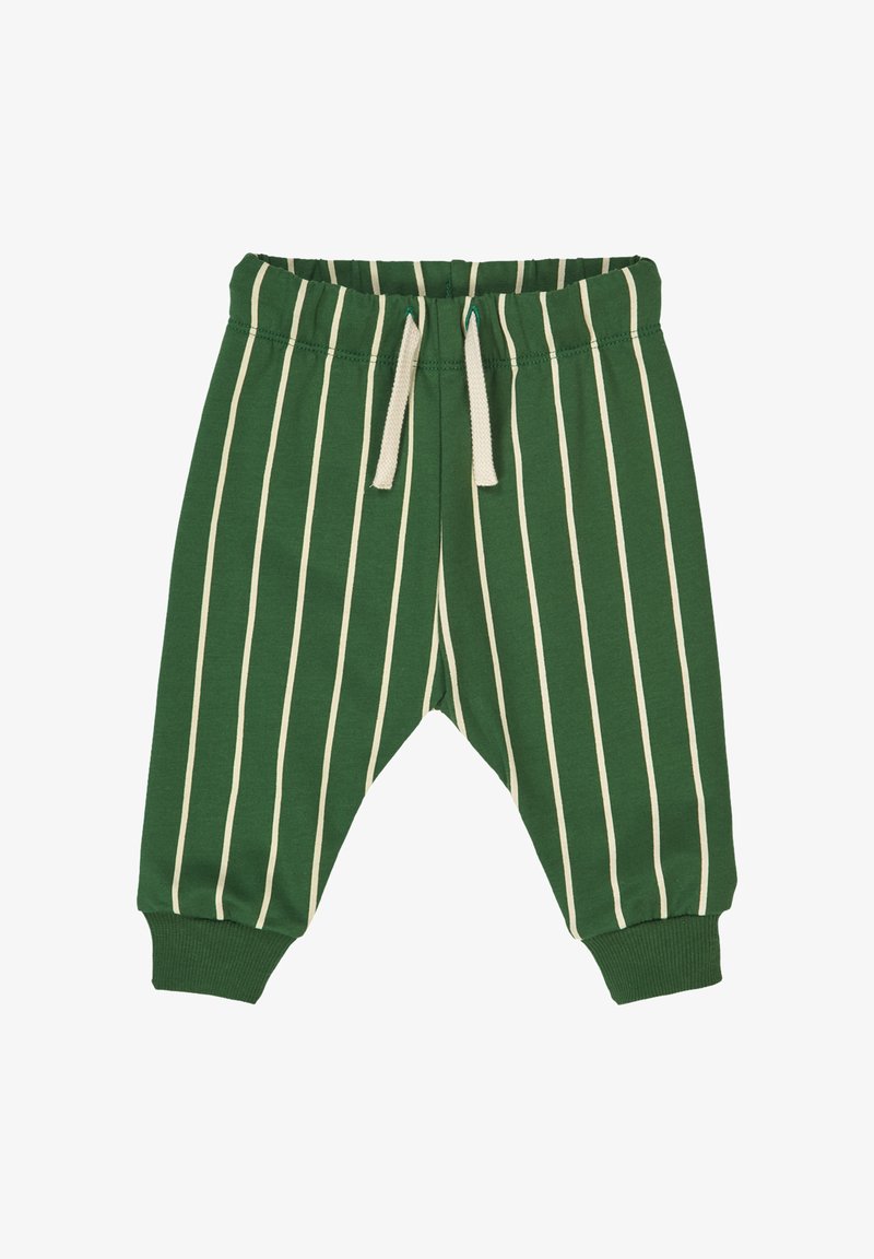 Green striped pants made of soft material. Features a stretchy waistband with a drawstring and tapered cuffs. Vertical cream-colored stripes.