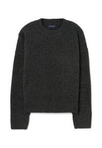 Dunkelgrauer Wollpullover mit Rundhalsausschnitt, gerippten Bündchen und Saum, der eine weiche Textur und ein minimalistisches Design aufweist. Markenlabel sichtbar.