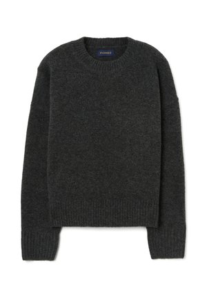 Dunkelgrauer Wollpullover mit Rundhalsausschnitt, gerippten Bündchen und Saum, der eine weiche Textur und ein minimalistisches Design aufweist. Markenlabel sichtbar.
