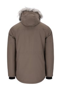 Brun isoleret jakke med en hætte med pelsfor, featuring elastiske manchetter og en glat ydre. Ingen synlige lommer eller lukninger.