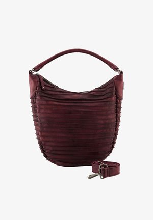 Sac à main en cuir bordeaux avec texture plissée, fermeture éclair, anse courbée et bandoulière amovible. Fini lisse avec un design élégant.