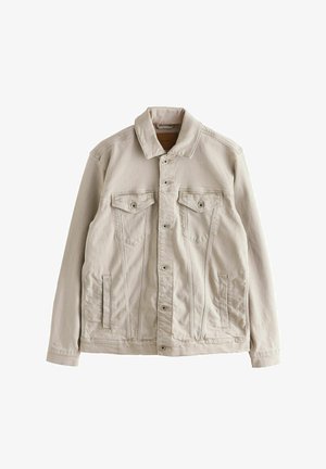 Beež denimist särgiga, millel on krae, kaks rinna taskut ja küljetaskud. Esiküljel on nupud ja peened vertikaalsed õmblused.