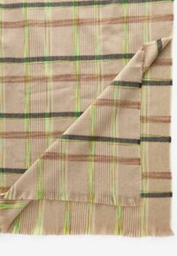 Écharpe à carreaux beige avec des rayures vertes, roses et noires. Présente une texture douce et des bords à franges, mettant en avant un motif à carreaux tissé.
