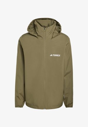 Olivgrüne wasserfeste Jacke mit Kapuze, Reißverschluss und elastischen Bündchen. Mit weißem "TERREX"-Logo auf der linken Brust. Glatte Textur.