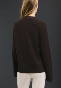 Mørkebrun sweater med ribbede manchetter og kant, der har en simpel rund halsudskæring og en glat tekstur. Bagfra, med minimalt design.