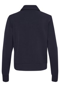 Námořnická modrá mikina s límečkem, dlouhými rukávy a žebrovanými manžetami a spodním lemem. Měkká struktura, jednoduchý design bez viditelných vzorů nebo akcentů.