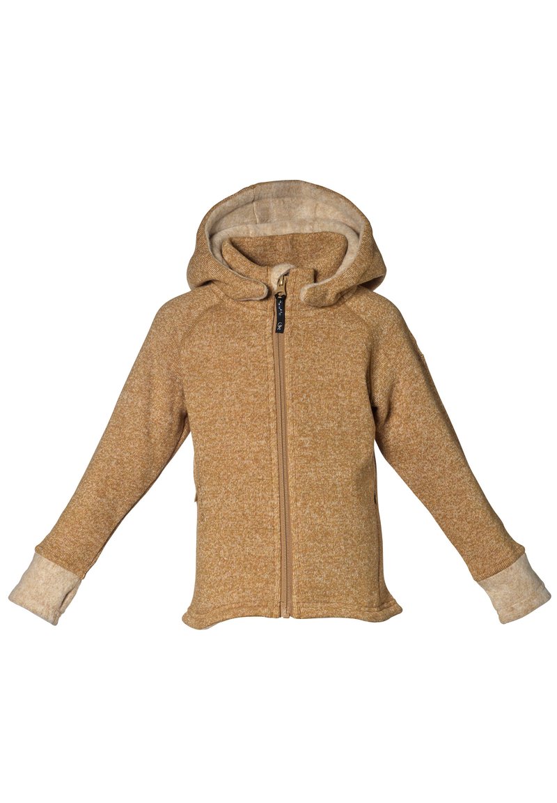 Huvtröja i en varm beige färg, med en texturerad stickad design, full dragkedja och kontrasterande fleecefoder på ärmar och huva.