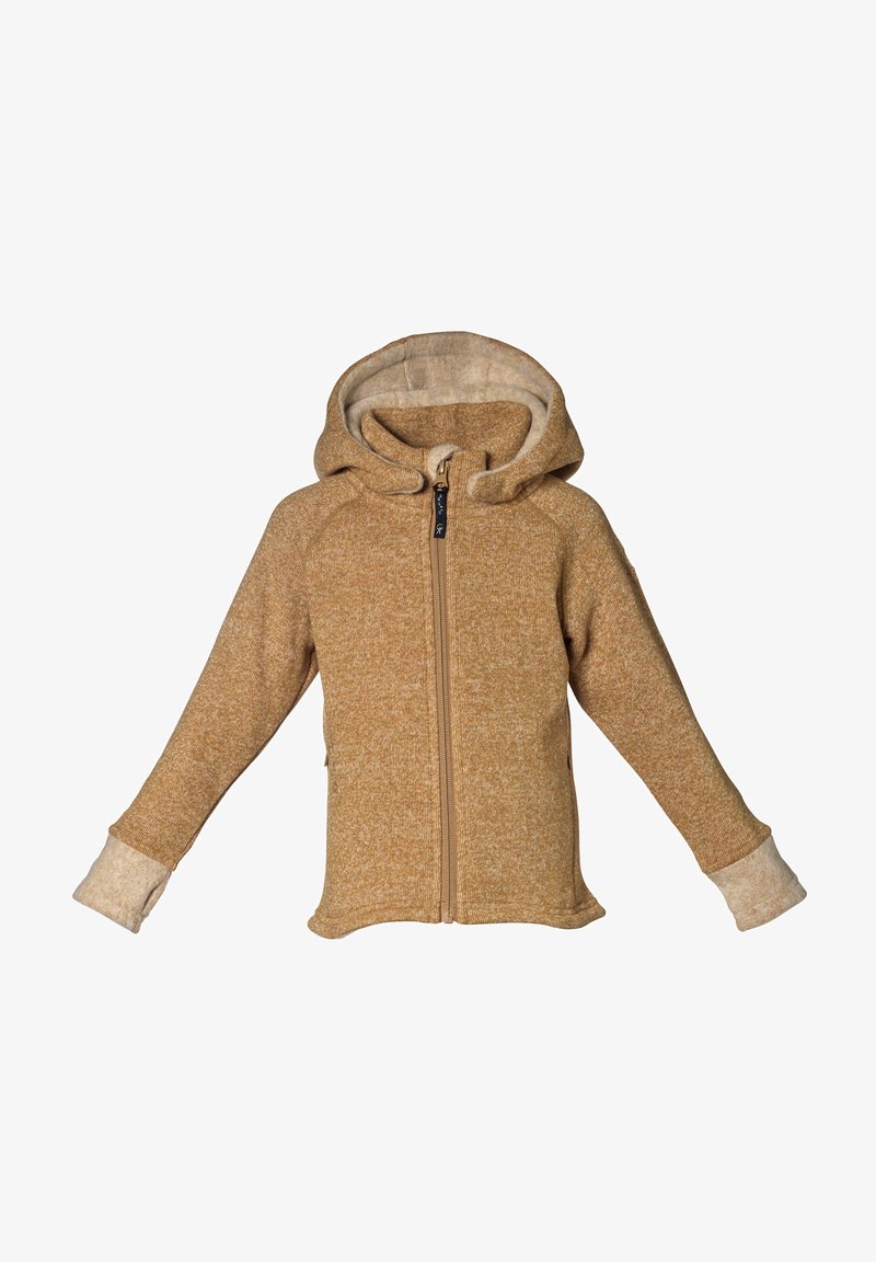 Hættetrøje i en varm beige farve, der har et struktureret strikdesign, fuld lynlås og kontrasterende fleece-forede manchetter og hætte.