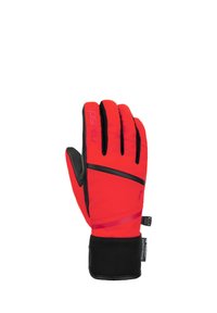 Guanto isolato rosso con accenti neri, dotato di un palmo con grip testurizzato, dita curve e un polsino di chiusura sicura per calore e comfort.