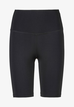 Sorte strækshorts med høj talje, glat tekstur, knælangt snit og minimale syninger. Egnet til træningsbeklædning.