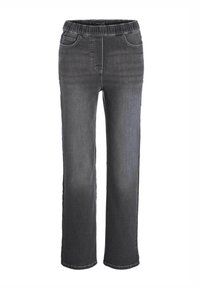 Pantalons en denim gris foncé avec une large ceinture élastique, coupe droite, deux poches avant et des détails de couture le long des coutures.