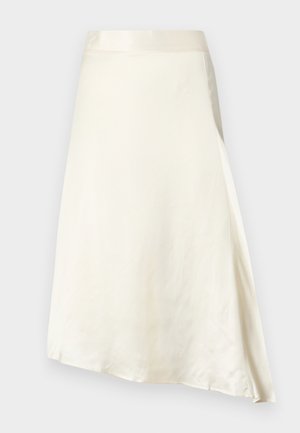 A cream, knee-length skirt made of smooth satin fabric with a slight sheen. Features an A-line design and a gathered waist for fit.