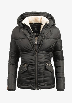 Melna pūkainā jaka ar noņemamu kapuci, flīsa odere apkaklei, priekšējā rāvējslēdzēju aizdare, divas priekšējās kabatas un kviltēta tekstūra.