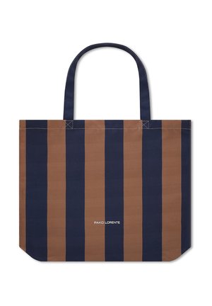 Torba typu tote z pionowymi paskami w kolorze granatowym i brązowym oraz dwoma granatowymi uchwytami, z białym logo "PAKO LORENTE" na środku.
