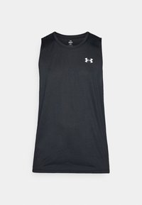 Top da corsa nero realizzato in tessuto leggero e morbido, con scollatura rotonda e logo Under Armour bianco sul lato sinistro del petto.
