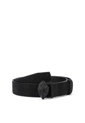 Zwarte riem met kleine decoratieve studs en een zwarte sierlijke gesp in de vorm van een gedetailleerd vogelhoofd.