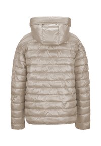 Beige gesteppte Pufferjacke mit Kapuze, von hinten gezeigt, mit horizontalen Nähten und langen Ärmeln.