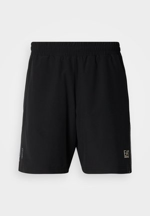 Pantaloncini atletici neri con vita elastica, caratterizzati da una texture liscia e un dettaglio di logo discreto nella parte inferiore destra.