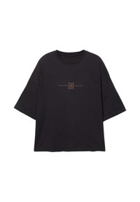 T-shirt nera oversize realizzata in tessuto morbido. Presenta un colletto rotondo e maniche corte. Dettaglio grafico centrato in beige e marrone.