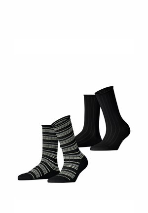 Two pairs of mid-calf socks, one black with thin vertical stripes, one black with gray and white plaid pattern, displayed on plain white background.
