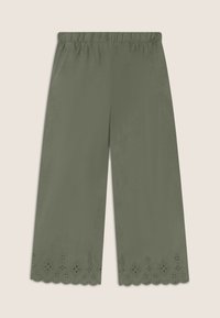 Pantaloni cropped verde oliva con vita elastica e orlo scallop decorativo che presenta intricati motivi a occhio di pernice. Texture liscia.