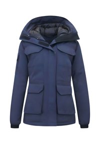 Marineblauwe jas met een grote capuchon, meerdere voorzakken, een ritssluiting en elastische manchetten. Gemaakt van glad, duurzaam materiaal.